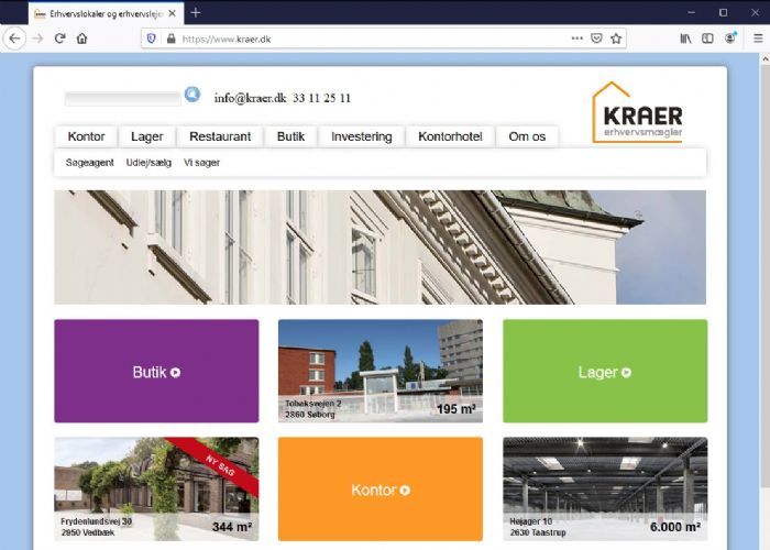 Kraer Erhvervsmægler ApS Hjemmeside, CMS og hosting.<br>Leveret med specialudviklet back-end.
