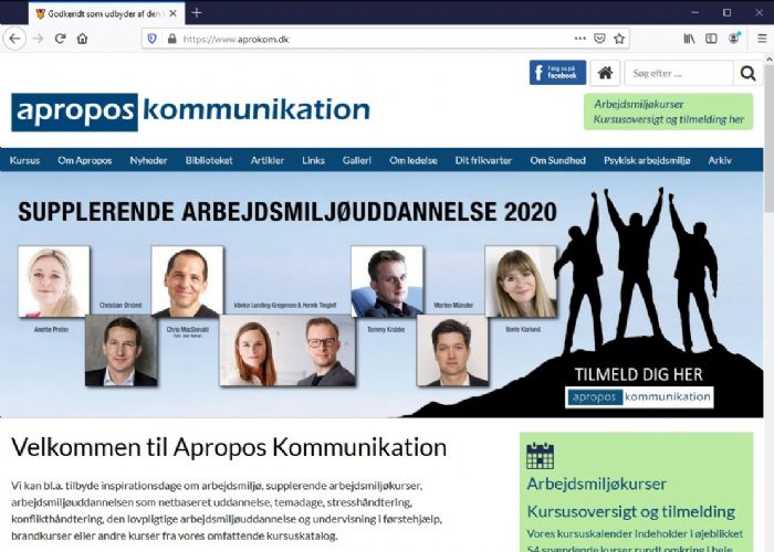 Apropos Kommunikation Hjemmeside, CMS, SEO og hosting.<br>Leveret med avanceret back-end til styring af kurser, automatiske opfølgningsmails, generering af kursusbeviser m.v.