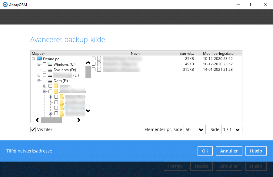 Vælg mapper og filer der skal tages backup af